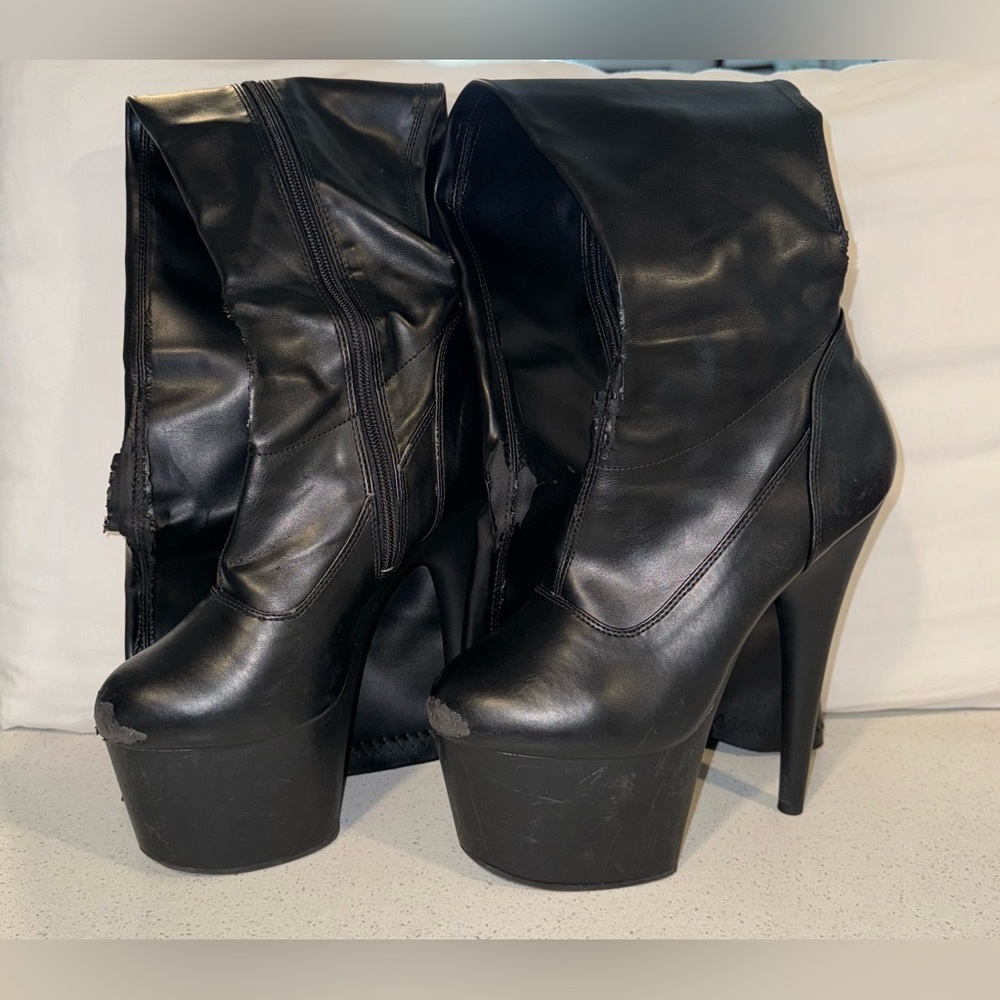 Pleaser Black Leather Thigh High Boots